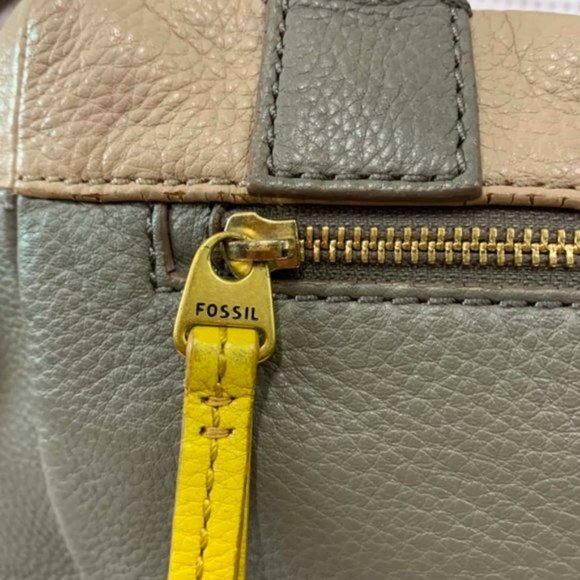 FOSSIL Erin Colourblocked Satchel Leather Khaki Beige Double Zip Carry Bag - Picture 9 of 15